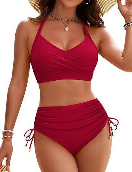 European American High-Waisted Two-Piece Bikini Set: Women's Sexy Drawstring Swimwear