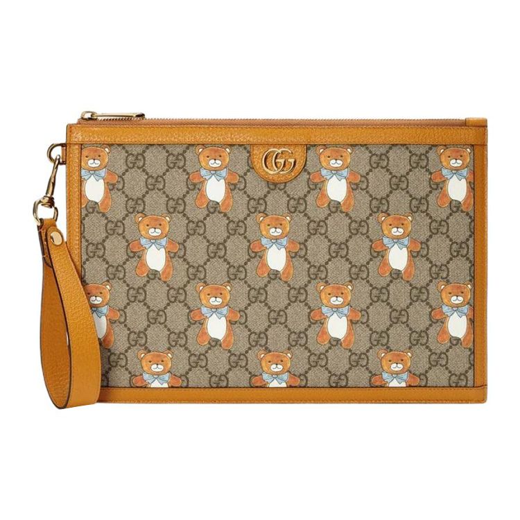 Gucci X Kai Collaboration Vintage Logo Teddy Bear Print Canvas And Leather Clutch Unisex clutch Ebony Brown 660162-2YLAG-8695