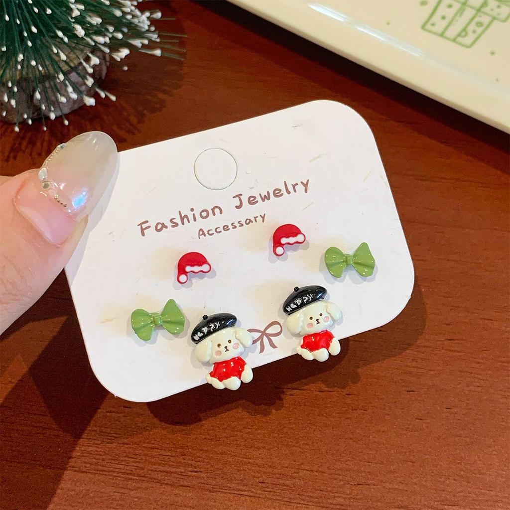 Santa Claus & Reindeer Holiday Stud Earrings - Fun Red Apple, Bell, and Cartoon Designs for Autumn/Winter. Silver Needle, Women's Festive Jewelry Set.