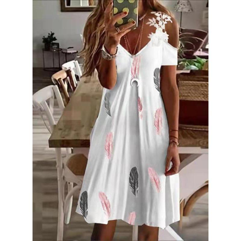 Vestido de Verano con Hombros Descubiertos de Encaje y Manga Corta Nuevo Estampado Holgado Casual Vestidos de Fiesta Moda Femenina Elegante Línea A Talla Grande Ropa Dulce