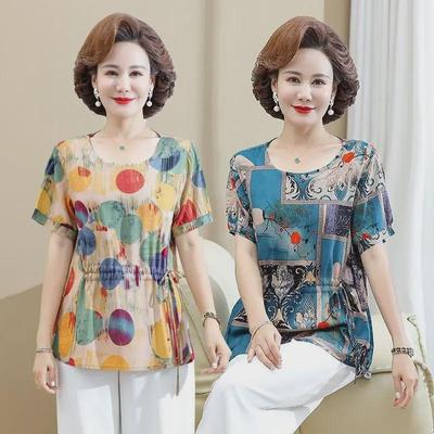 T-shirt d'été grande taille en coton et rayonne à manches courtes amincissant pour femmes d'âge moyen et âgées