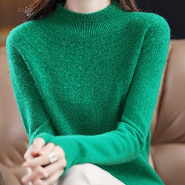 Women's 100% Wool Slimming Cashmere Knit Sweater - Half High Neck, Seamless, Hollow Out Design for Autumn/Winter