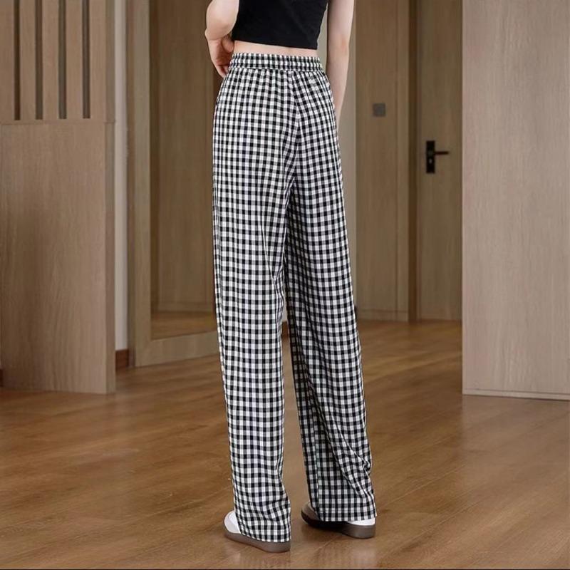 Women's Black And White Gingham Elastic Waist Wide Leg Pants