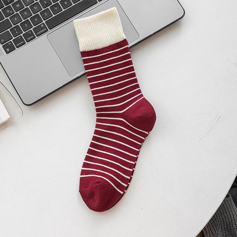 Red Socks, Women's Pile Socks, Autumn and Winter Trendy Long Socks, Retro Striped College Style Thigh-high Socks