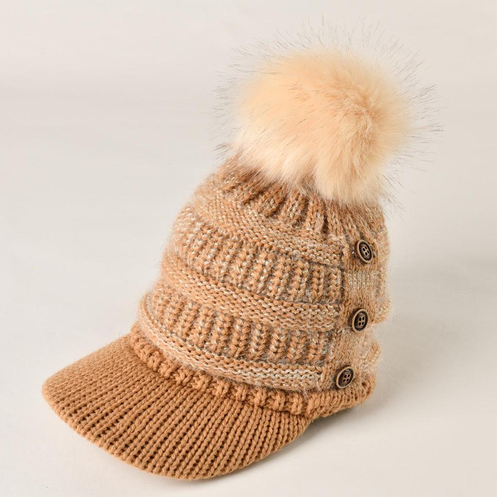 Autumn Winter Women Button Plush Thickened Warm Duck Tongue Big Wool Ball Knitted Wool Hat