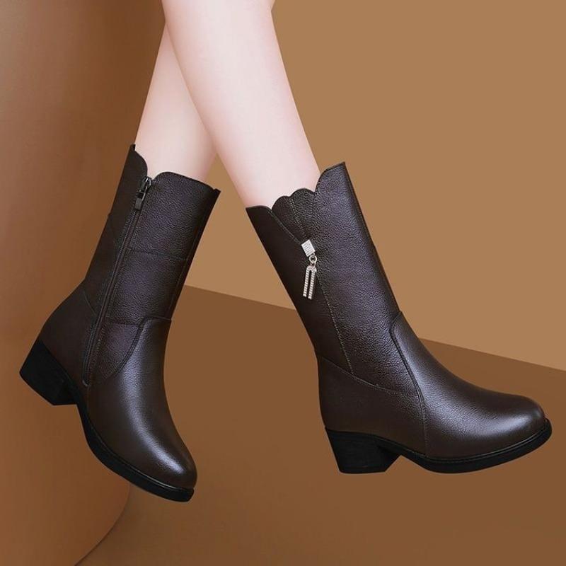 Fashion Thick Heel Martin Boots Women's New Winter Velvet Thickened Thermal Medium Boots Medium Heel Versatile Snow Boots