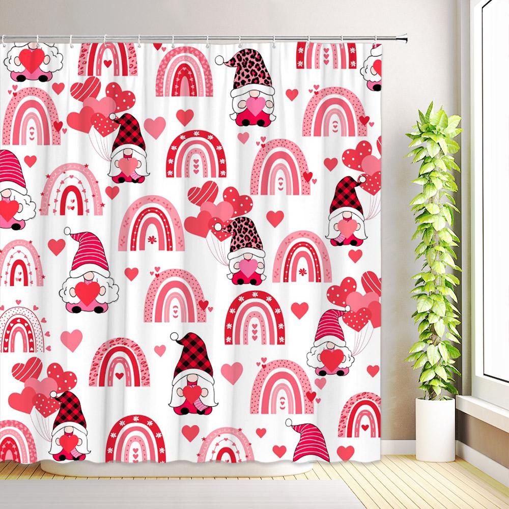 Red Love Hearts Tree Valentine's Day Shower Curtain Romantic Rose Flower Leaves Bathroom Decor Fabric Bath Curtains with Hooks