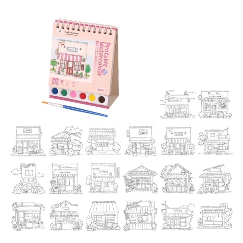 Kids Doodling Book with Watercolor Paint and Brush Twin Coil Binding Art Drawing Pad for Kid Beginner Outdoor Sketching