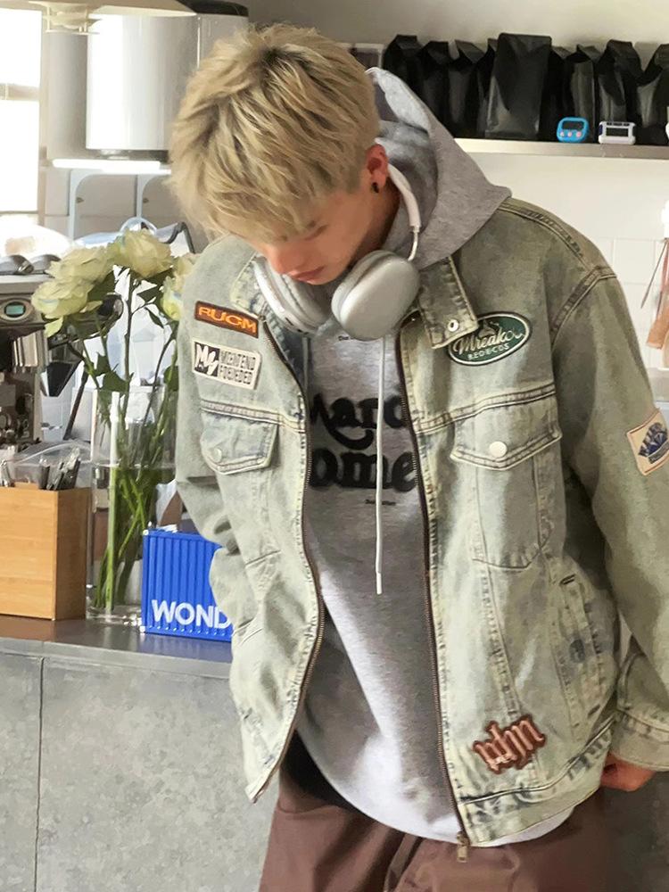 

American retro badge denim jacket men s high street trendy brand old tooling jacket vintage stand-up collar locomotive clothing S
