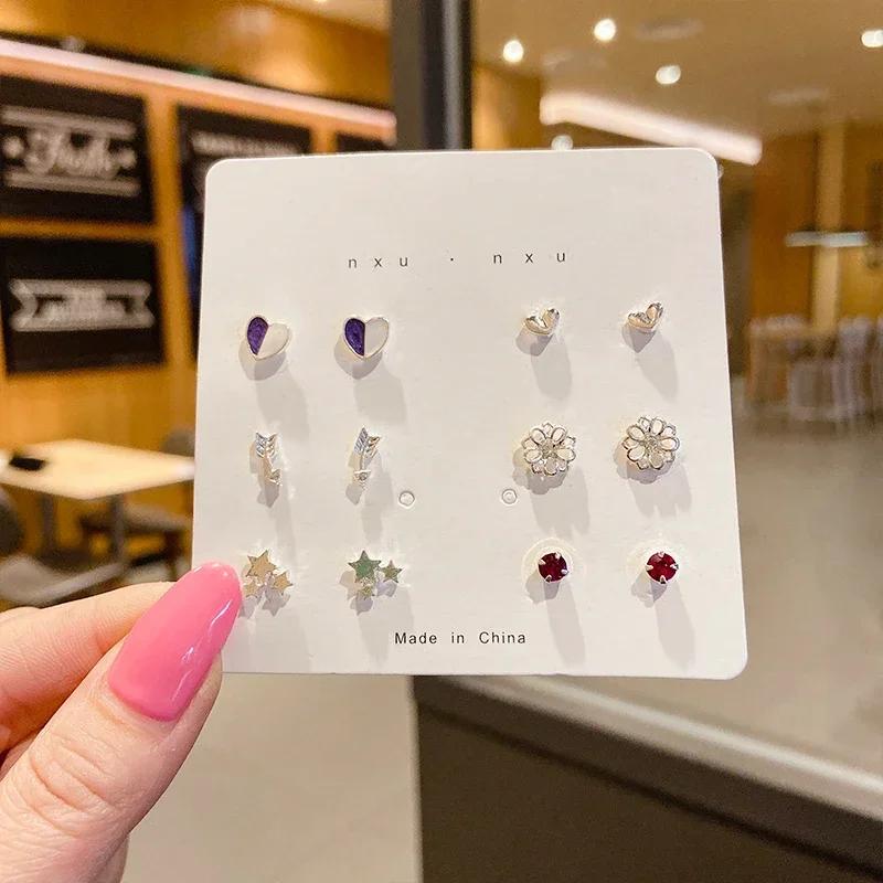 A Suit of Summertime Dazzle Colour Small Stone Sweet Earrings SetS for Women Crystal Clear Butterfly Love Heart Set Paty Jewerly