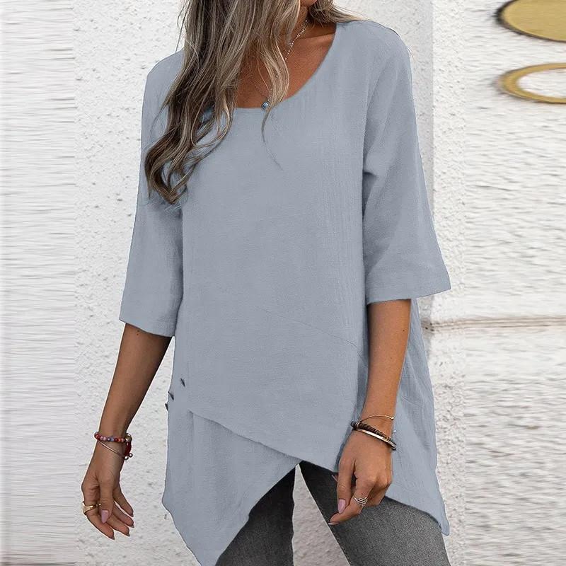 Women's Cotton Linen Round Neck Irregular Shirt Five-quarter Sleeve Tops Women’s
