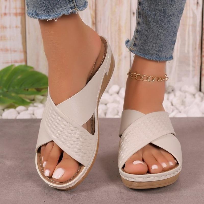 Hollow cross with platform sandals women's Velcro solid color light slope heel beach sandals