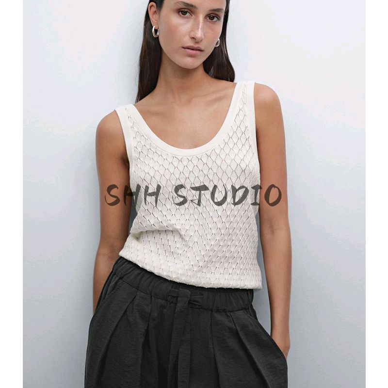 MD Spring New Women's Clothing French Diamond Pattern Cut Out Knitting Sling Tank Top Sleeveless T-shirt Tops 6296682