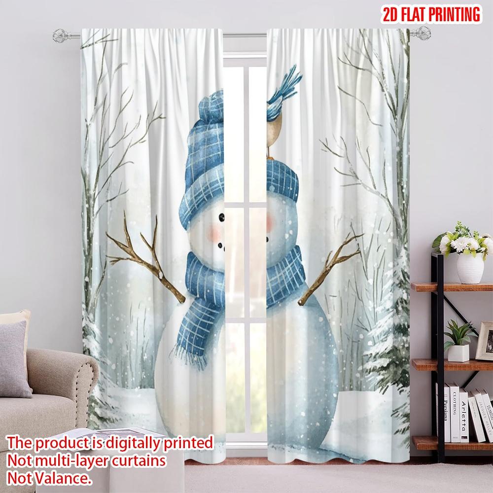 

2pcs 2D flat printing Christmas Drapes Blue Snowman and Bird Polyester Fabric Without Electricity Family Party Use for Holiday 100*130 Rod Pocket 1pcs