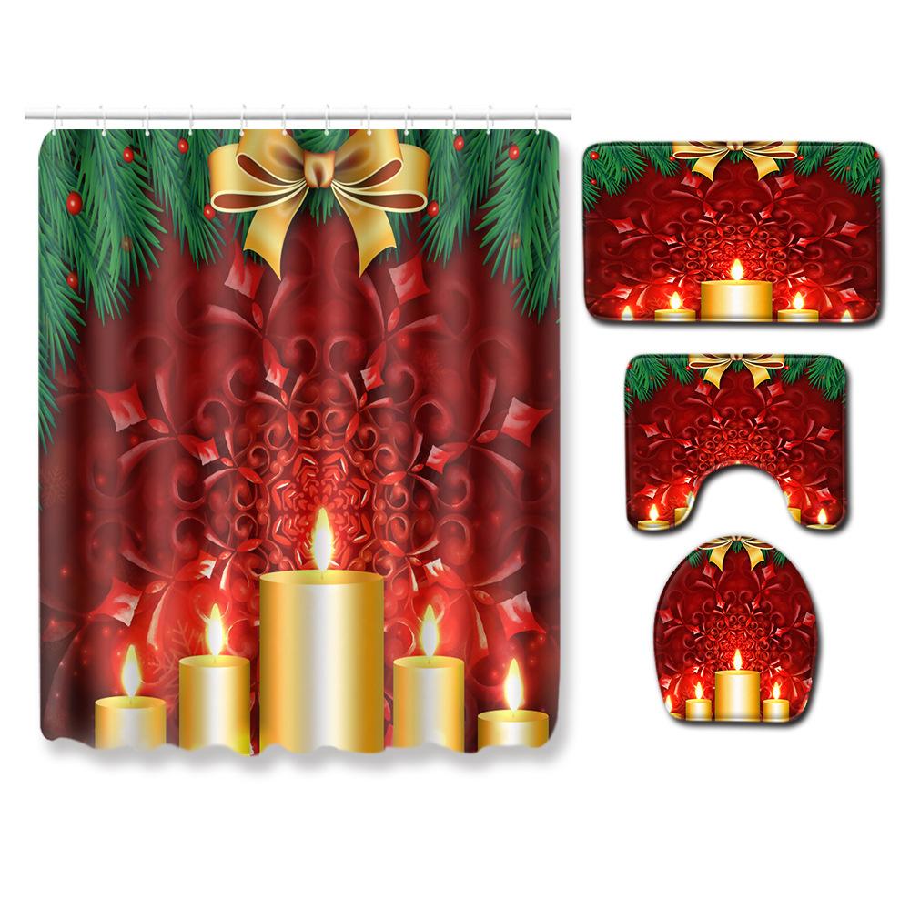 Christmas Waterproof Shower Curtain Floor Mat Four-Piece Set, Bathroom Water-Absorbing Non-Slip Door Mat, Shower Room Water-Absorbing Carpet