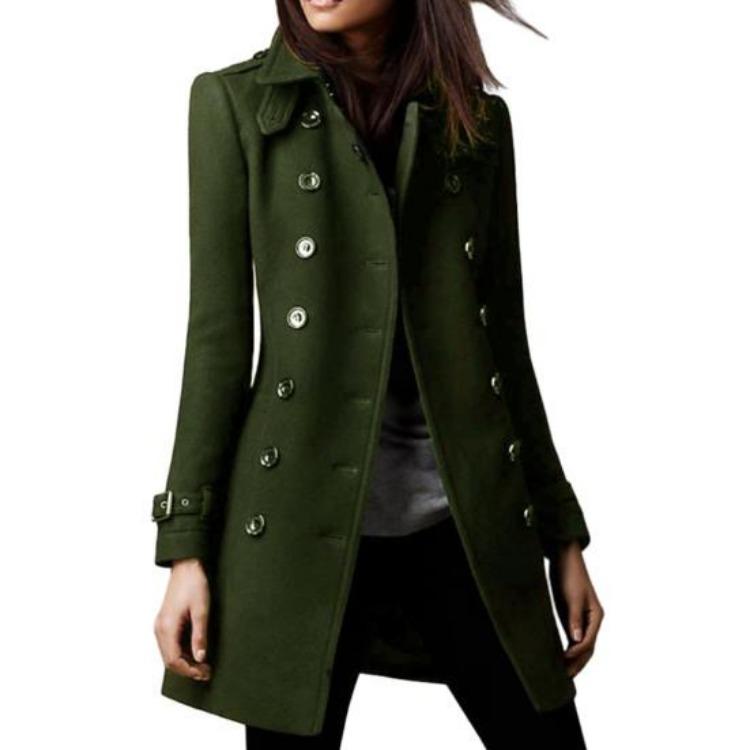 Women Double Breasted Woolen Coat Mid Length Solid Color Lapel Long Sleeve Streetwear Suit Jacket Autumn Winter