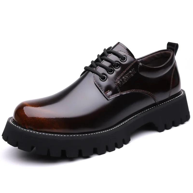 

Fashion Bright Surface Oxford Shoes Man Casual Lightweight Luxury Brand Summer Loafers Fashionable Height Increasing Thick Soled Shoes 38 коричневый