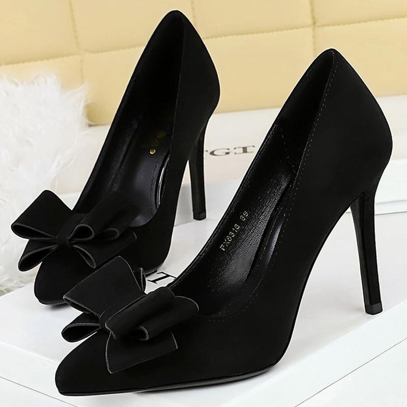 

BIGTREE Shoes 2025 New bowknot suede Women Pumps Large size 34-43 High Heels Stilettos 10 cm Ladies shoes luxury Banquet shoes 34