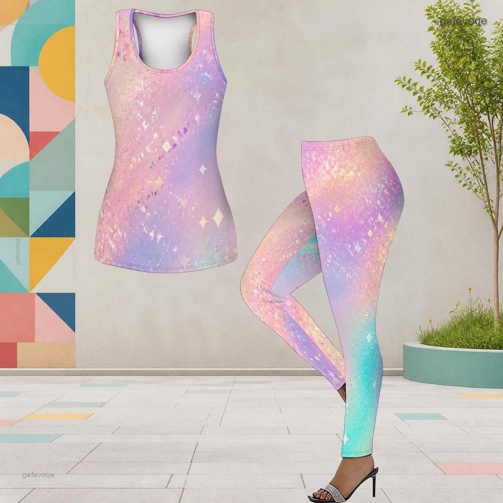 Women Plus Size Black Blue Purple Two Piece Set Scoop Neck Sleeveless Printed Longline Tank Top Fitted Leggings