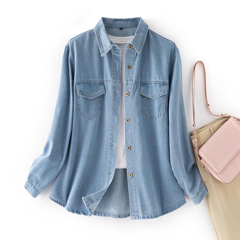Denim Shirt Women's Spring and Autumn Soft Retro Stacked Wear Casual Loose Lapel Pocket Long Sleeve Jacket Women Women Classic Lapel Chest Pocket