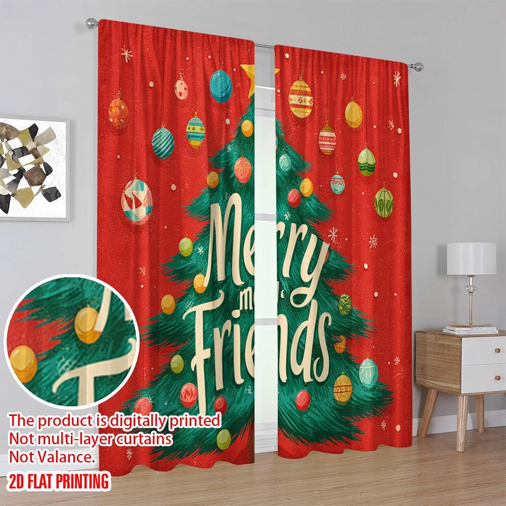 2pcs,2D Plane Printing Window Curtain Preety Christmas Tree Durable 100% Polyester Fabric (without Rod) Decorations Inside for