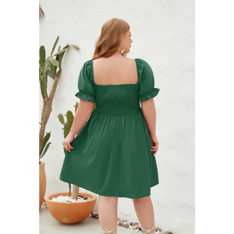 Plus Size Women's Plus Size Solid Color Casual Vacation Travel Square Neck Bubble Sleeve Dresses