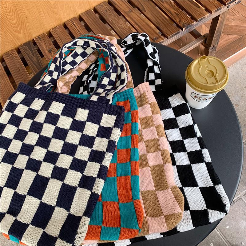 Sac cabas à carreaux en tricot style coréen tendance pour femmes Tissu doux