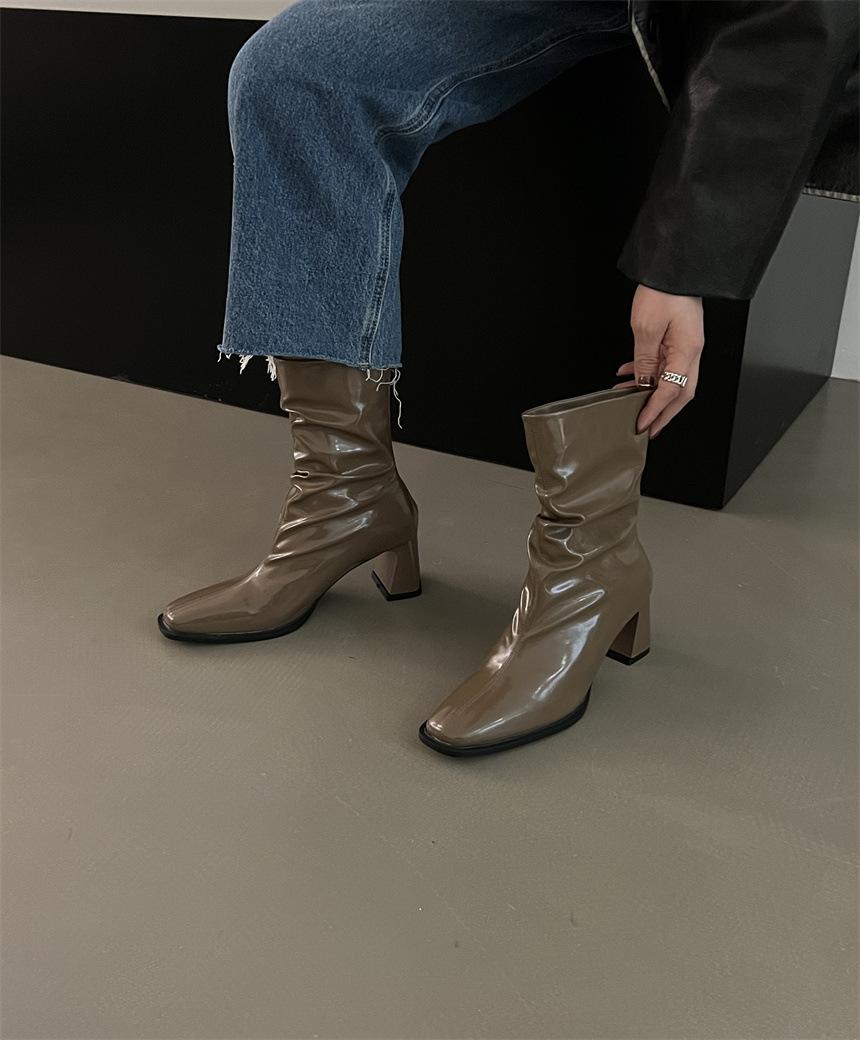 

Big tube knee boots round head patent leather pleated women s boots thick heel high heel black boots white boots 39 хаки