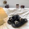 Fashion Black Soft Leather PU Flat Sandals Women Fashion Metal Buckle Slide Slippers Summer Light Non-Slip Beach Shoe Sandalias De Mujer