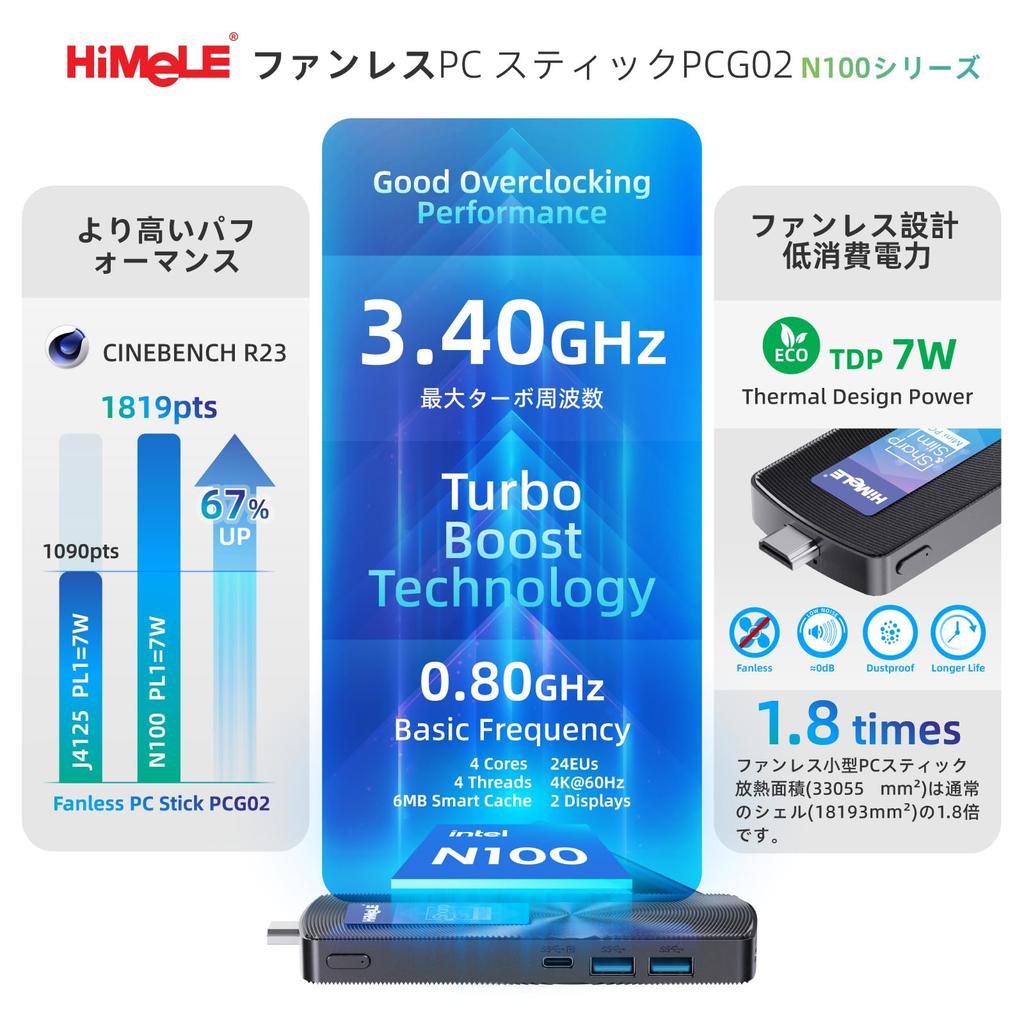 HiMeLE PCG02 Fanless Stick PC N100 Celeron 8GB 256GB Micro Mini Desktop PC with 4K Gigabit and Support for and Home Use Mini, RAM, RAM, HDMI, 60Hz,