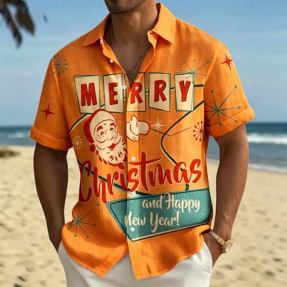 Men's short sleeved shirt, Santa Claus printed short sleeved shirt, European and American holiday casual collar shirt