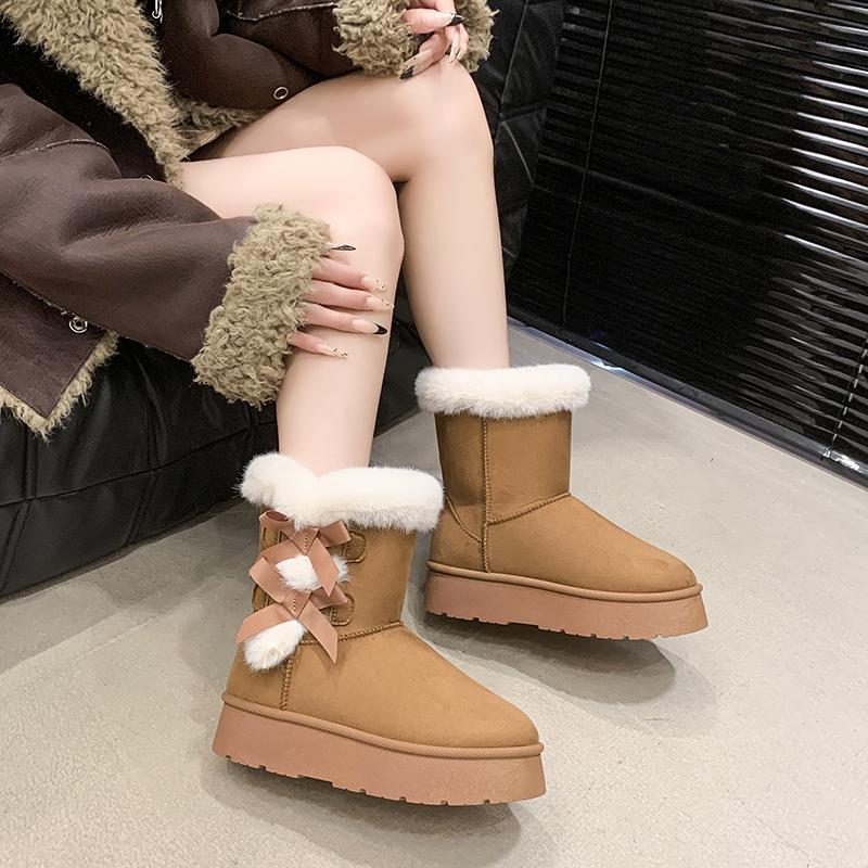 Slip-on Round Toe Winter Snow Boots Mid Heel Solid 2025 New Ladies Shoes Ankle Flat with Sewing Butterfly-knot Women's Boots