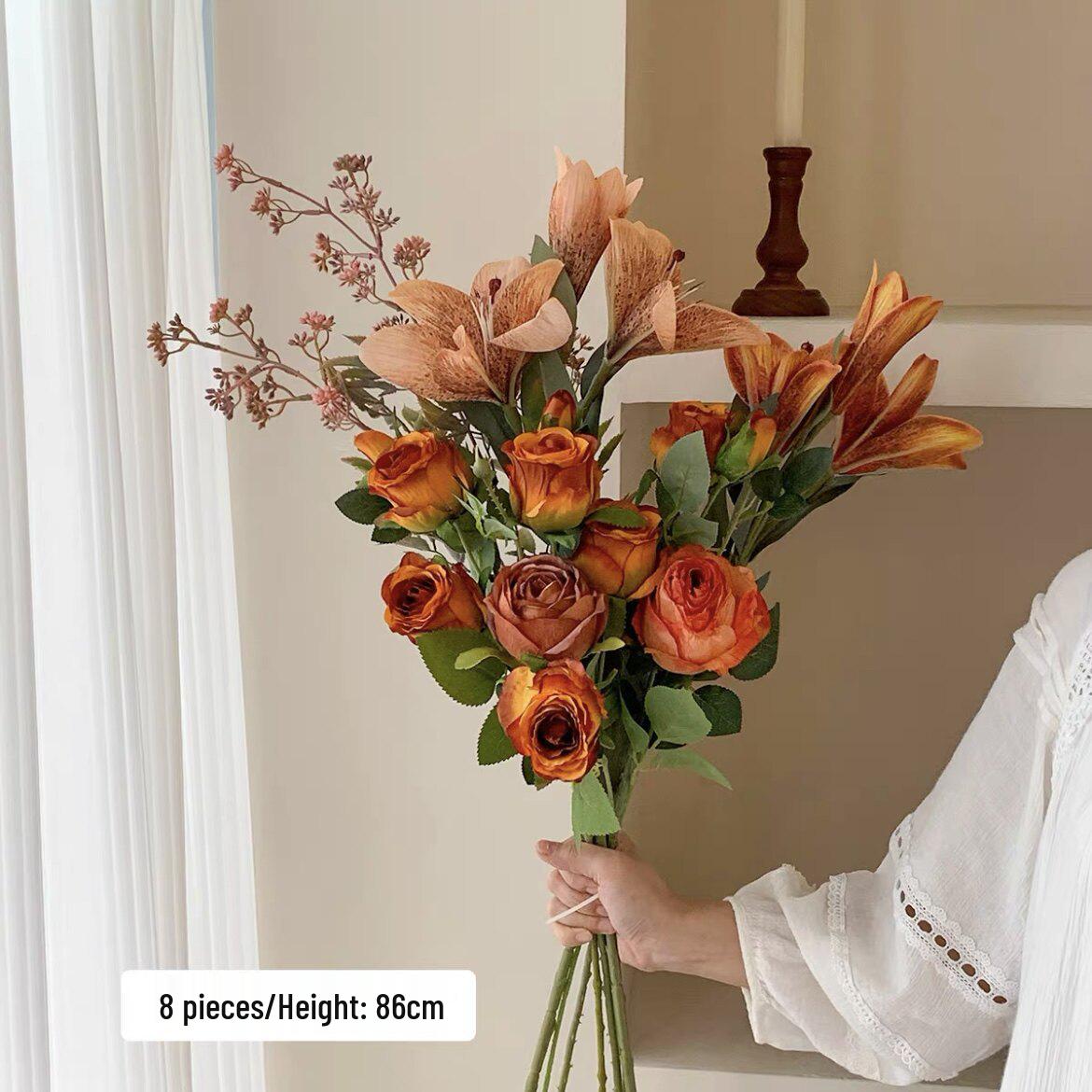 

Rose Lily Artificial Flower Bouquet in Wabi-Sabi Style for Living Room Decor