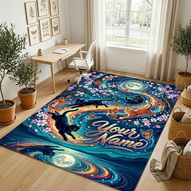 Cat Theme Crystal Velvet Rug Personalized Custom Name Text Soft Floor Mat Home Decor
