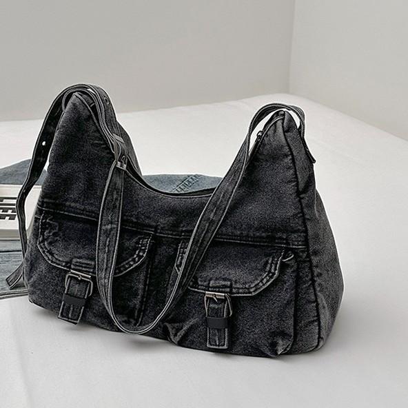 

Large capacity tote bag simple leisure travel large bag women s 2025 summer new high-end denim messenger bag чорний