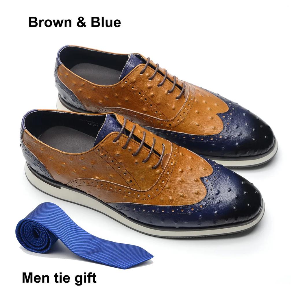 Luxury Handmade Cow Genuine Leather Men's Oxford Sneakers Lace-up Wingtip Brogue Ostrich Pattern Brown Blue Casual Footwear Male