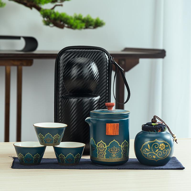 Podróżny ceramiczny zestaw do herbaty kung fu kreatywny ekspresowy kubek z tacą do herbaty cztery filiżanki puszka na herbatę kompletny zestaw prezentów biznesowych
