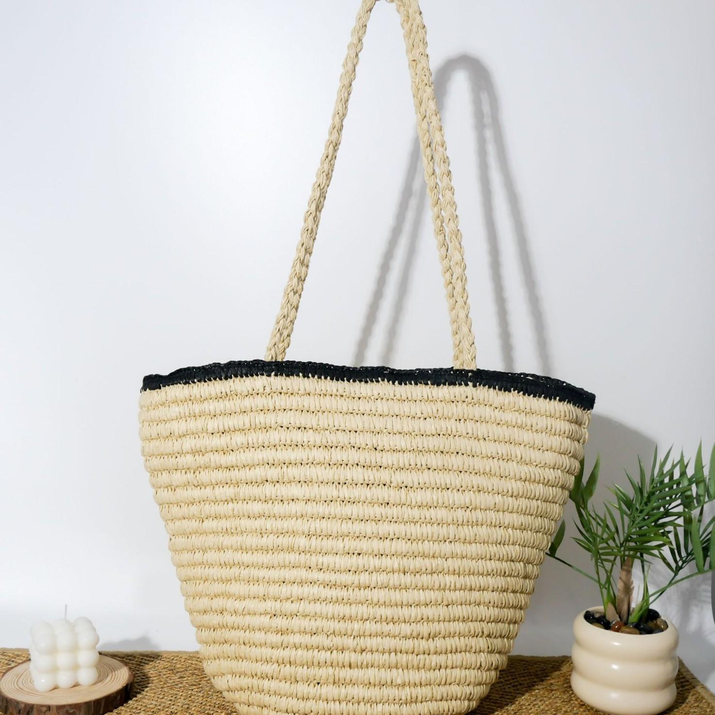 French shoulder straw bag new large-capacity hand-woven bag versatile women s bag seaside vacation beach tote bag Edge zipper