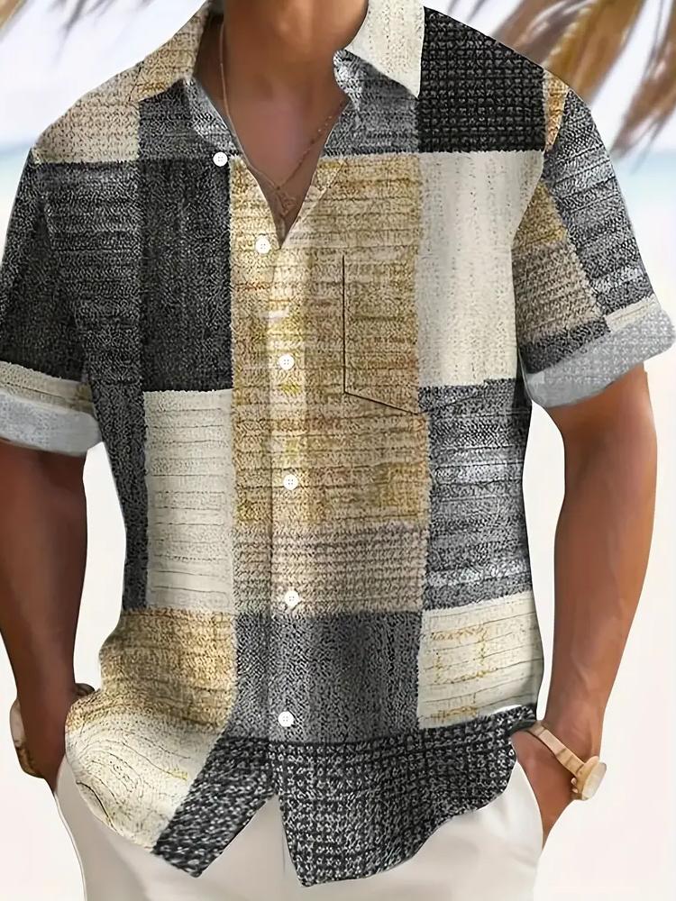 

Мужская рубашка с коротким рукавом из винтажного геометрического коврового твила с 3D-цифровым принтом и карманом на пуговицах, 100% полиэстер, летняя повседневная 2XL серый