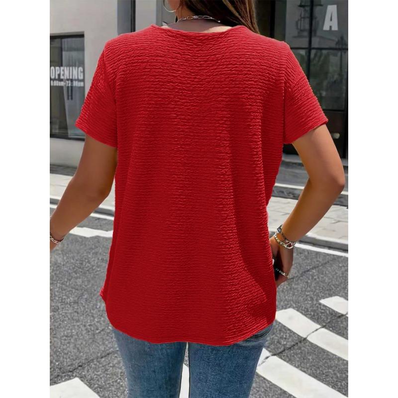 Camiseta Elegante Gola Boneca Tamanho Grande para Mulheres Cor Sólida Manga Curta Botões Plissados Tops Verão Solta Casual Simples Doce Camisa Roupa Feminina