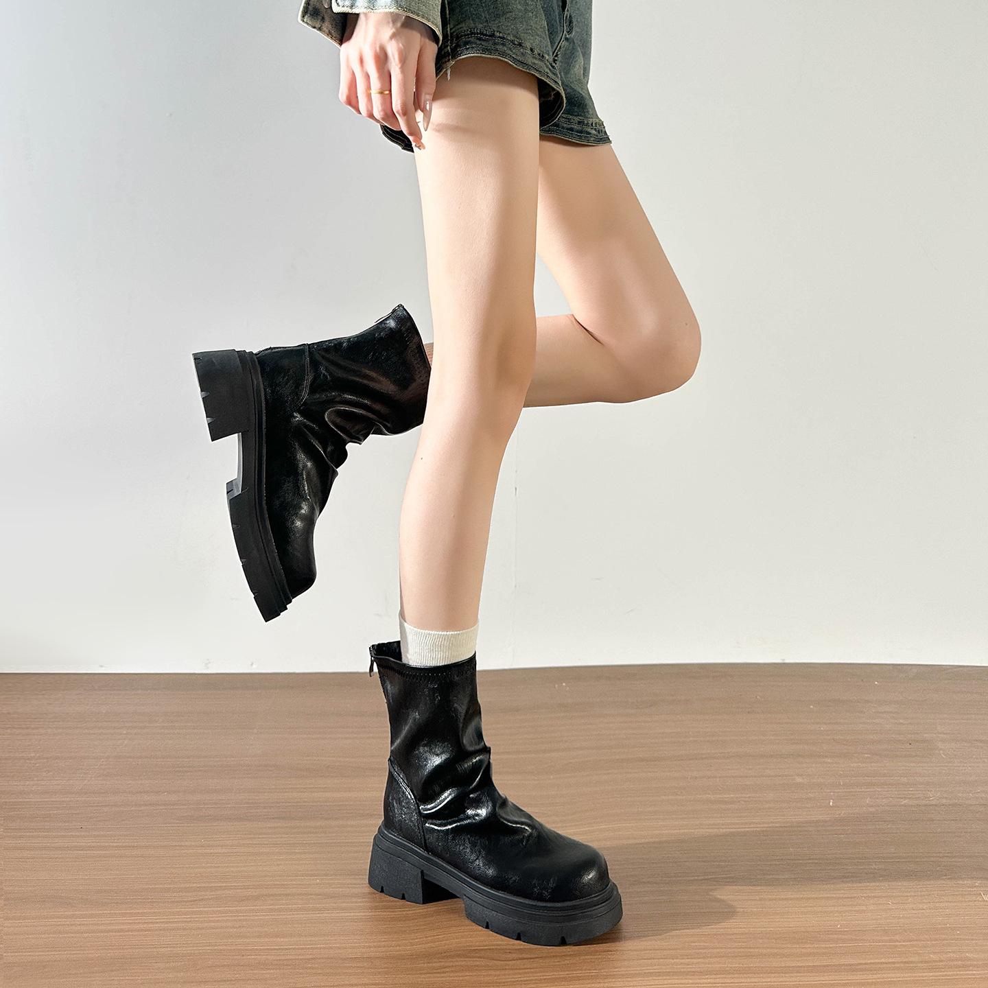 

Женские ботильоны больших размеров 2025 на массивном каблуке с эластичной сборкой и толстым наборным каблуком 38 чёрный