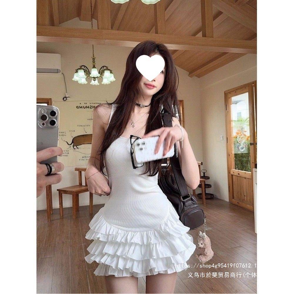 Sweet White Spice Girl Suspender Dress Summer Slim Fit Unique Versatile Waist Lotus Leaf Cake Ballet Short Skirt