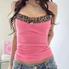 Vintage Leopard Print Stitched Crop Top Women Casual Sleeveless Cute Bow Patchwork Strap Tees Y2k Summer Crop Tops Ladies