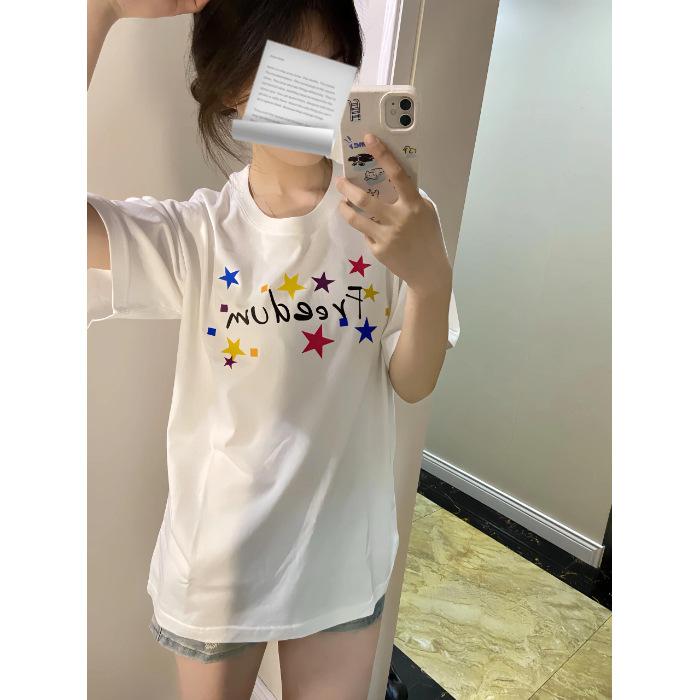 

American high street front shoulder T-shirt women s spring wear cartoon printing loose heavy trendy brand pure cotton ns short-sleeved top S