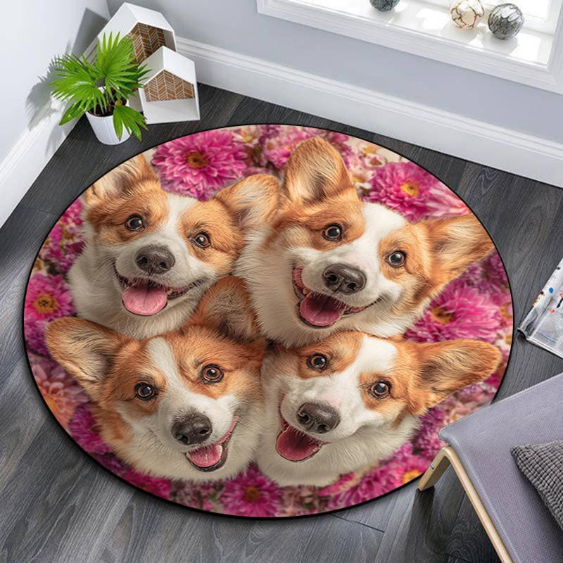 Corgi Dogs Round Area Rug,Carpet Rug for Living Room Bedroom Sofa Playroom Decor,Non-slip Floor Mat