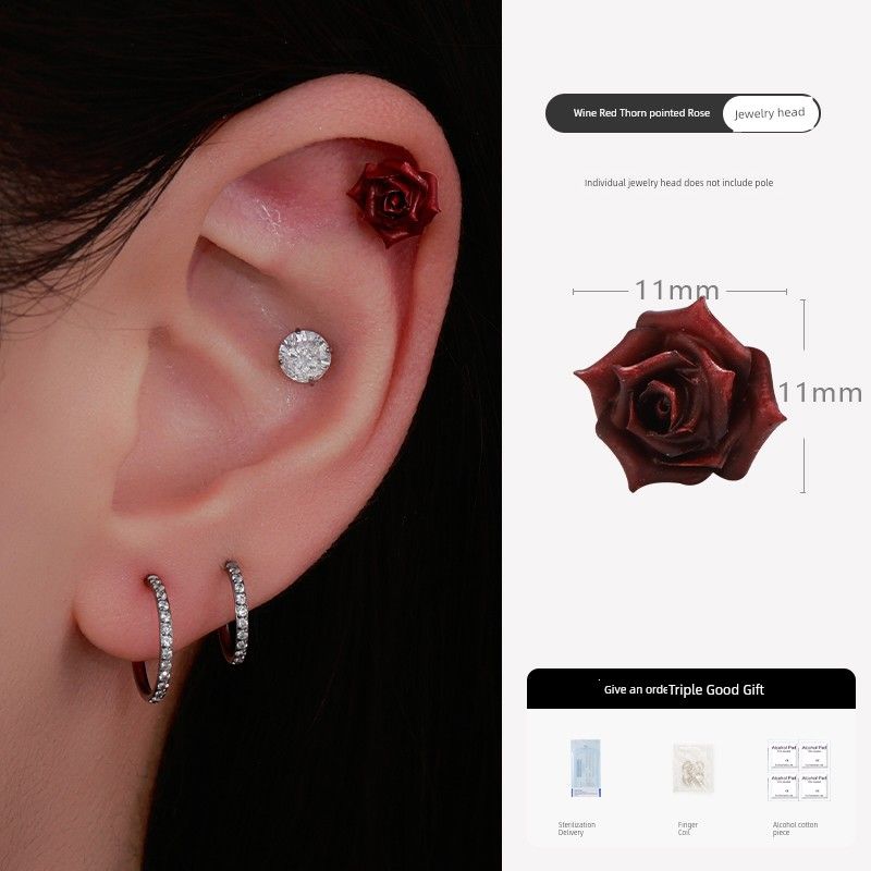 

Niche Style Unique Stud Earrings Beautiful Rose Titanium Alloy Suitable for Summer Ear-Caring Camellia Sleep No Need to Take off Wine Red Spike Rose Jewelry Head (Single Pack)