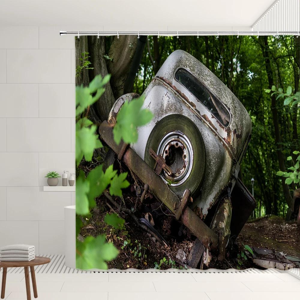 Green Plants Planted In The Hood Shower Curtain Set Scrapped Rusty Vintage Car Forest Tree Leaves Bathroom Bathtub Decor Screens