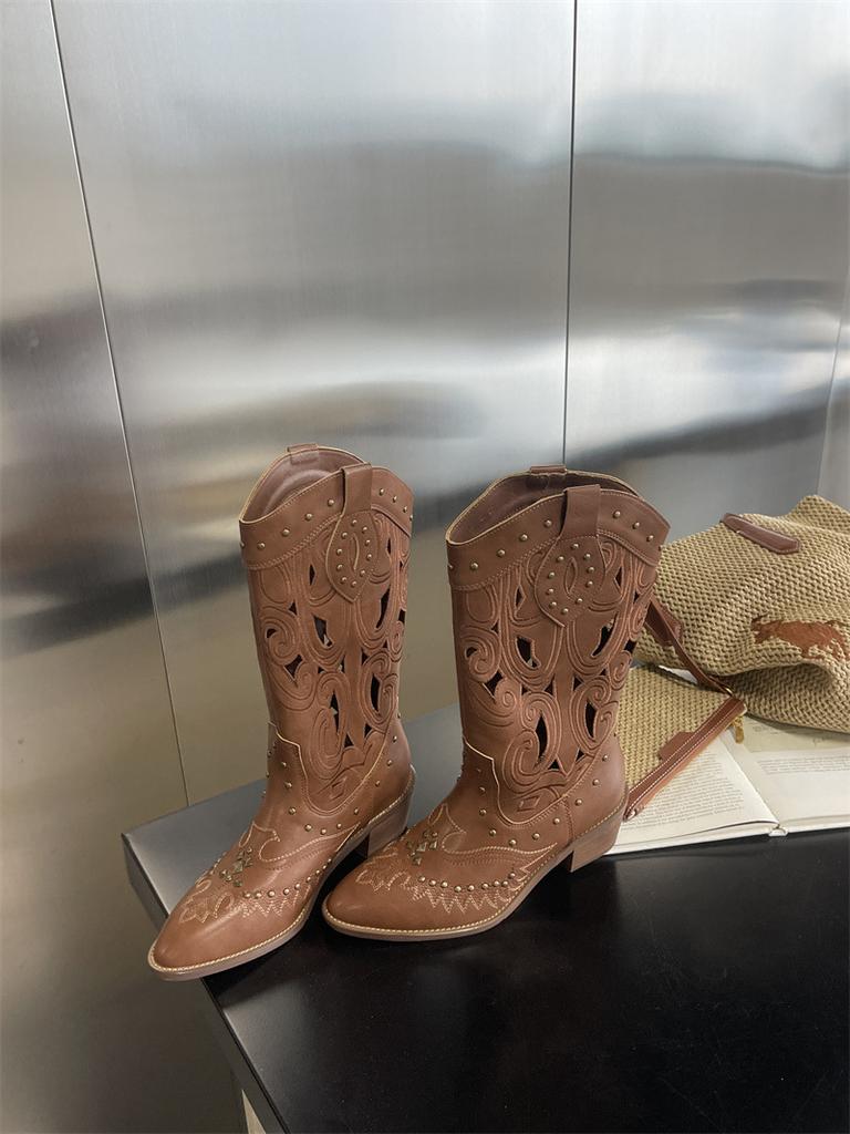 2025 Summer New Retro Xinjiang Cowboy Boots Women's Hollow Boots Are Fashionable But Knee-thin Boots