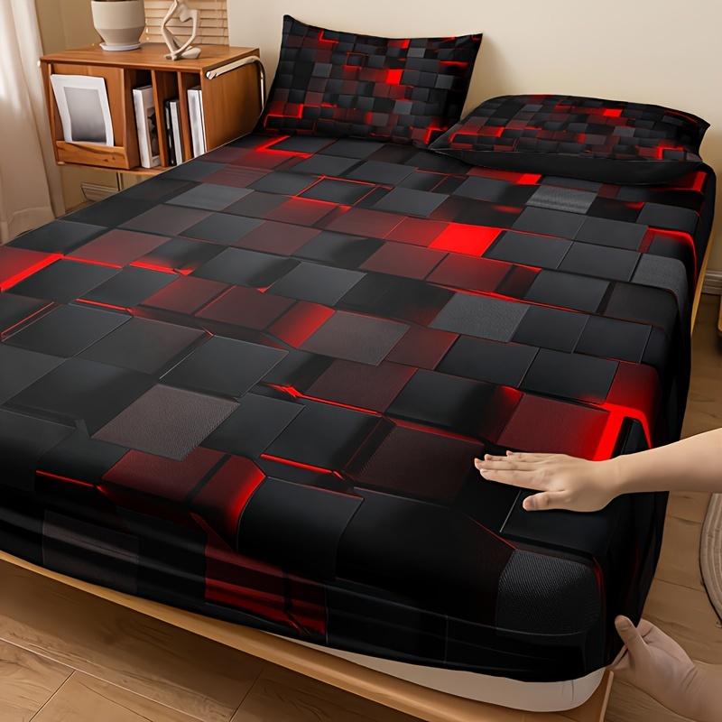 Technology-inspired Red Plaid Fitted Sheet Set (1 Fitted Sheet + 2 Pillowcase) Soft HD Printing Bedding For Home Dormitory