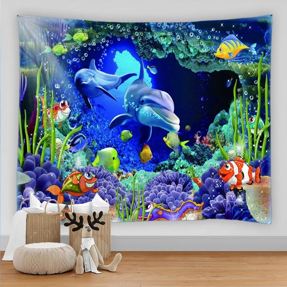 Marine Animal Home Decorative Fabric 3D Digital Printing Tapestry Psychedelic Undersea World Sea Fish Dolphin